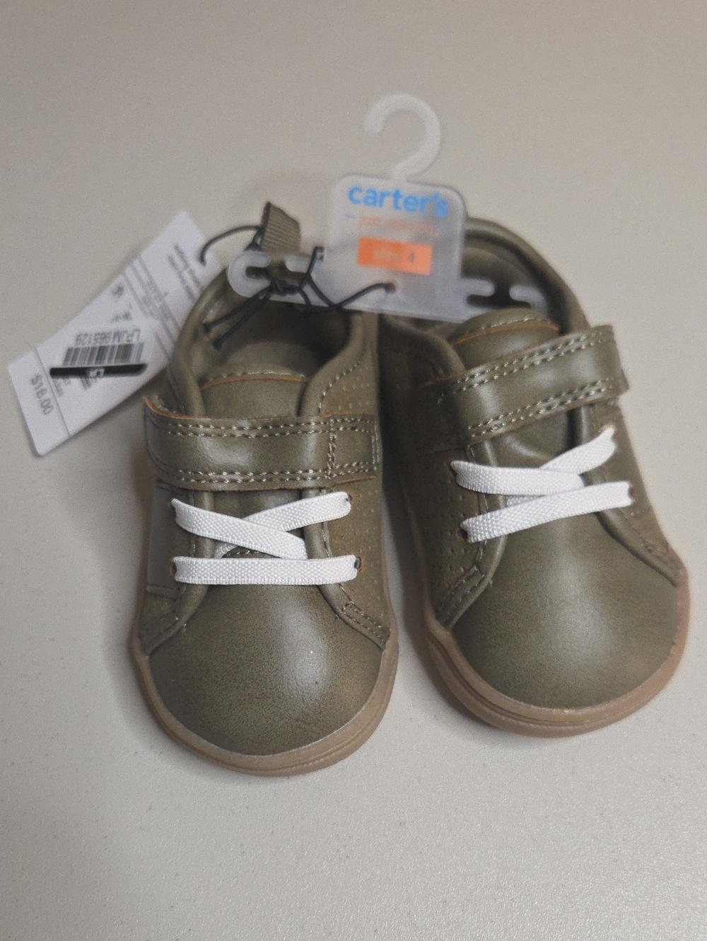 Carter's Olive Green Hook-and-Loop Baby Shoes with White Laces